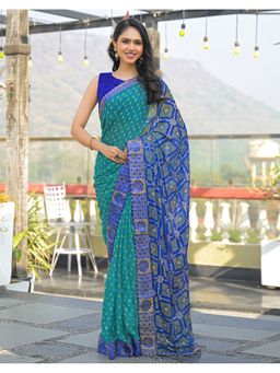 SATRANI - Turquoise Printed Chiffon Saree With Unstitched Blouse