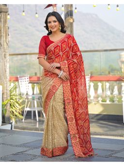 SATRANI - Beige Printed Stone Work Lace Tassels Chiffon Saree With Unstitched Blouse