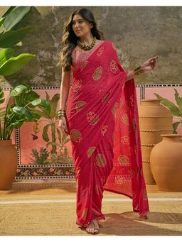 SATRANI - Red Bandhani Printed Georgette Saree With Unstitched Blouse