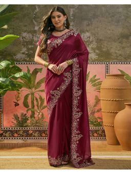 SATRANI - Maroon Embroidery Stone Work Border Vichitra Silk Saree With Unstitched Blouse