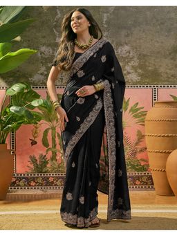 SATRANI - Black Embroidery Stone Work Vichitra Silk Saree With Unstitched Blouse