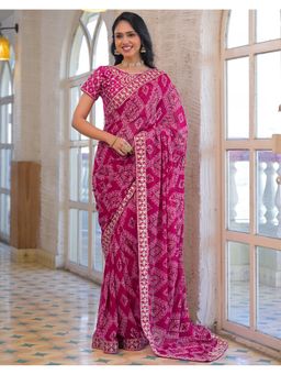 SATRANI - Women Rani Pink Bandhani Printed Georgette Saree With Unstitched Blouse