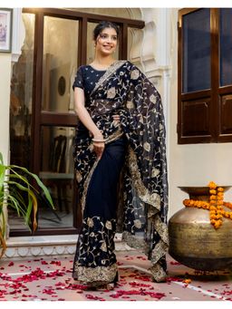 SATRANI - Navy Blue Embroidery Border Georgette Saree With Unstitched Blouse