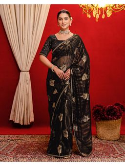 SATRANI - Black Foil Printed Lace Georgette Saree With Unstitched Blouse