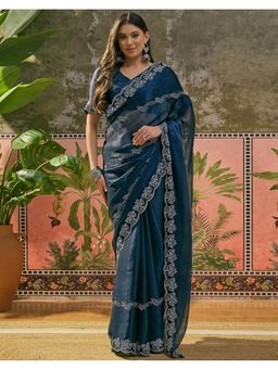SATRANI - Navy Blue Stone Work Scalloped Border Shimmer Chiffon Saree With Unstitched Blouse
