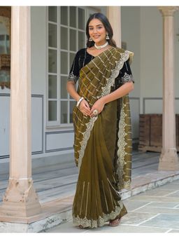 SATRANI - Olive Green Sequins Embroidery Scalloped Border Net Saree With Unstitched Blouse