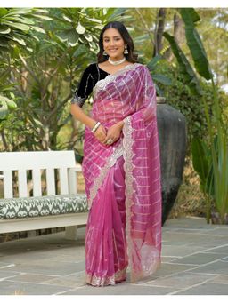 SATRANI - Pink Sequins Embroidery Border Net Saree With Unstitched Blouse