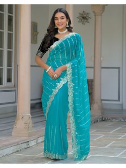 SATRANI - Turquoise Blue Sequins Embroidery Border Net Saree With Unstitched Blouse
