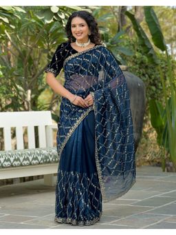 SATRANI - Navy Blue Sequins Embroidery Scalloped Border Net Saree With Unstitched Blouse