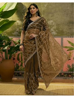 SATRANI - Dark Olive Green Sequins Embroidery Border Net Saree With Unstitched Blouse