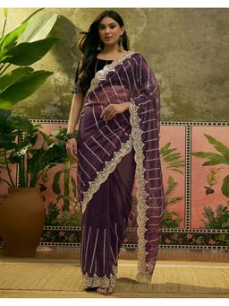 SATRANI - Wine Sequins Embroidery Scalloped Border Net Saree With Unstitched Blouse