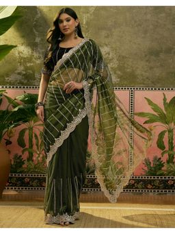 SATRANI - Dark Green Sequins Embroidery Scalloped Border Net Saree With Unstitched Blouse