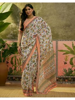 SATRANI - Beige Floral Printed Crepe Silk Saree With Unstitched Blouse