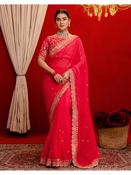 SATRANI - Coral Red Sequins Embroidery Georgette Saree With Unstitched Blouse