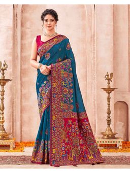 SATRANI - Women Teal Blue Weaving Tassels Silk Saree With Unstitched Blouse