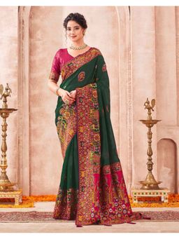 SATRANI - Women Dark Green Weaving Tassels Silk Saree With Unstitched Blouse