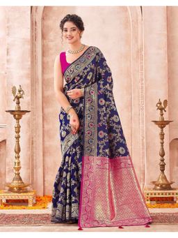 SATRANI - Navy Blue Weaving Tassels Silk Saree With Unstitched Blouse