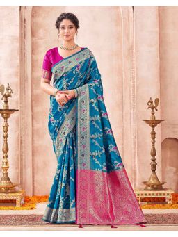 SATRANI - Women Teal Blue Weaving Tassels Silk Saree With Unstitched Blouse