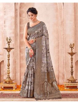 SATRANI - Grey Weaving Tassels Chanderi Cotton Saree With Unstitched Blouse
