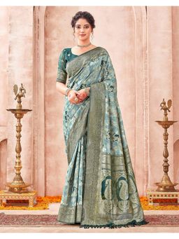 SATRANI - Light Blue Weaving Tassels Chanderi Cotton Saree With Unstitched Blouse