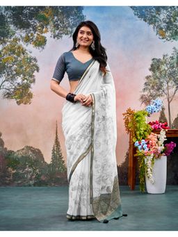 SATRANI - Grey Printed Lace Zari Border Tassels Chanderi Saree With Unstitched Blouse