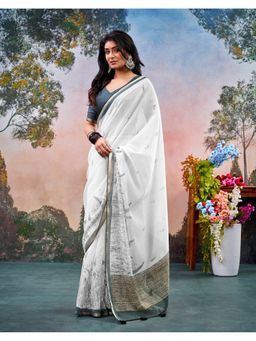 SATRANI - Women Printed Lace Zari Border Tassels Chanderi Saree With Unstitched Blouse