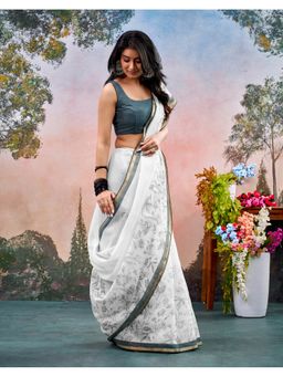 SATRANI - Off White Printed Lace Zari Border Tassels Chanderi Saree With Unstitched Blouse