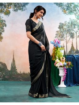 SATRANI - Black Weaving Border Tassels Chiffon Saree With Unstitched Blouse