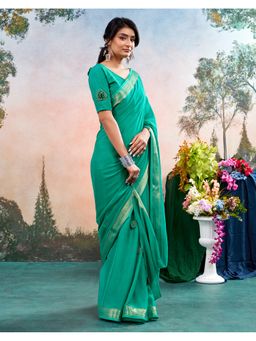 SATRANI - Teal Green Weaving Border Tassels Chiffon Saree With Unstitched Blouse