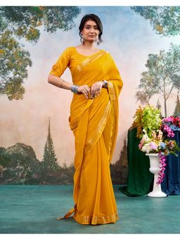 SATRANI - Yellow Weaving Border Tassels Chiffon Saree With Unstitched Blouse