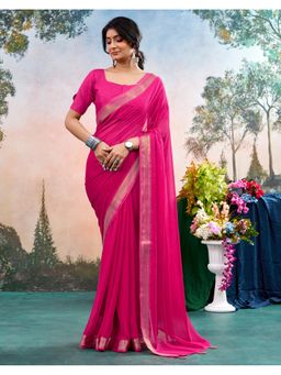 SATRANI - Rani Pink Weaving Border Tassels Chiffon Saree With Unstitched Blouse