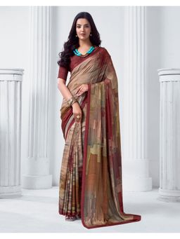 SATRANI - Dark Beige Printed Crepe Saree With Unstitched Blouse