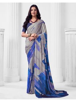 SATRANI - Grey Printed Crepe Saree With Unstitched Blouse