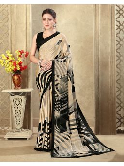 SATRANI - Women Beige Printed Crepe Silk Saree With Unstitched Blouse