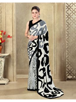 SATRANI - Off White Women Printed Crepe Silk Saree With Unstitched Blouse