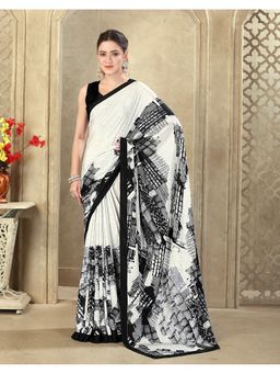 SATRANI - Off White Women Printed Crepe Silk Saree With Unstitched Blouse