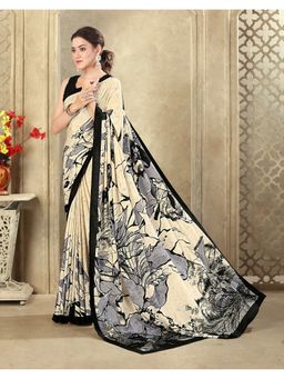 SATRANI - Beige Printed Crepe Silk Saree With Unstitched Blouse