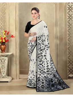 SATRANI - Off White Printed Crepe Silk Saree With Unstitched Blouse