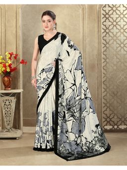 SATRANI - Off White Printed Silk Saree With Unstitched Blouse