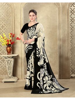 SATRANI - Beige Women Printed Crepe Silk Saree With Unstitched Blouse