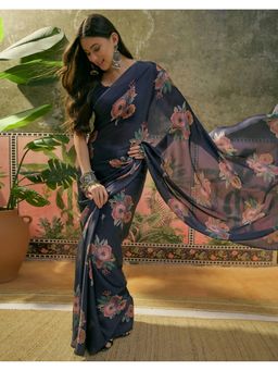 SATRANI - Navy Blue Floral Printed Satin Saree With Unstitched Blouse