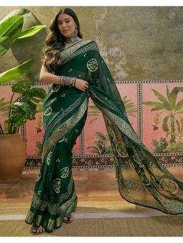 SATRANI - Dark Green Bandhani Printed Weaving Border Georgette Saree With Unstitched Blouse