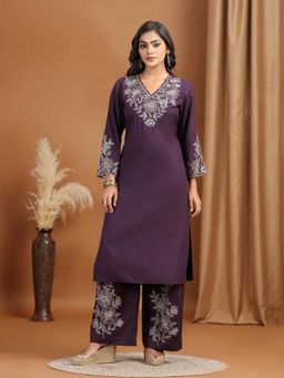 Cotton Culture - Women Purple Floral Embroidered Straight Co-Ord Set