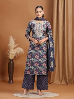 Cotton Culture - Women Navy Blue Floral Embroidered Straight Kurta with Pant and Dupatta