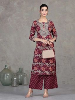 Cotton Culture - Women Wine Floral Embroidered Cotton Straight Kurta with Palazzo