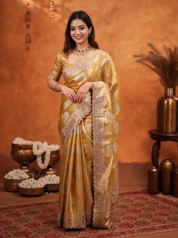 ALMAARI FASHION - Women Gold Silk Embroidered Saree with Unstitched Blouse