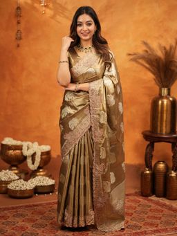 ALMAARI FASHION - Women Rose Gold Silk Embroidered Saree with Unstitched Blouse