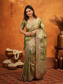 ALMAARI FASHION - Women Green Silk Embroidered Saree with Unstitched Blouse