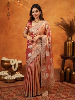 ALMAARI FASHION - Women Rose Gold Silk Embroidered Saree with Unstitched Blouse