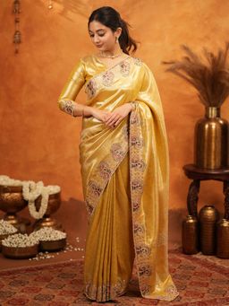 ALMAARI FASHION - Women Gold Silk Embroidered Saree with Unstitched Blouse